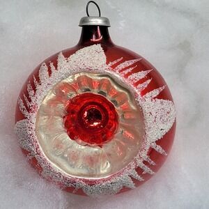 Sunburst Flower Indent Silver Red Mercury Glass Christmas Tree Ornament Mica Vtg